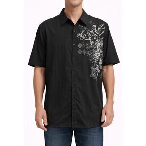 Michael Brandon Men’s Short Sleeve Button-Up Shirt – Black Graphic
